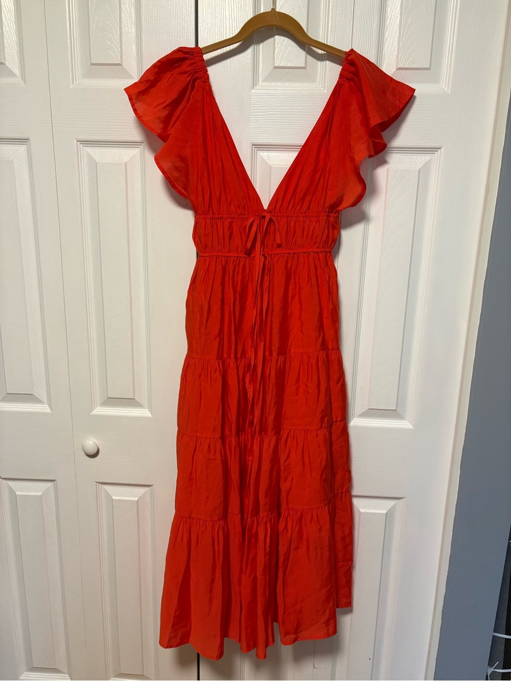 Mable Orange Red V-Neck Flutter Sleeve and Tiered Skirt Maxi Dress